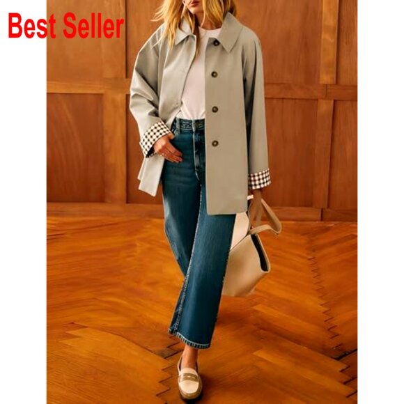 Oversized Trench Coat Classic Chic Button Up Jacket Plaid Lined Outerwear - Picture 3 of 7